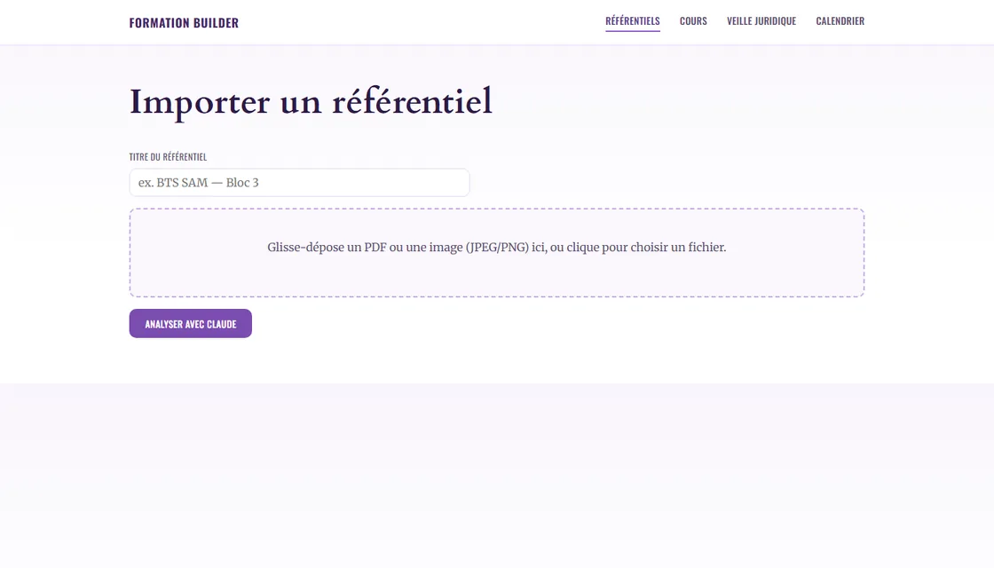 Import screen with a title field and a drop zone for a PDF or an image, and an Analyse with Claude button.