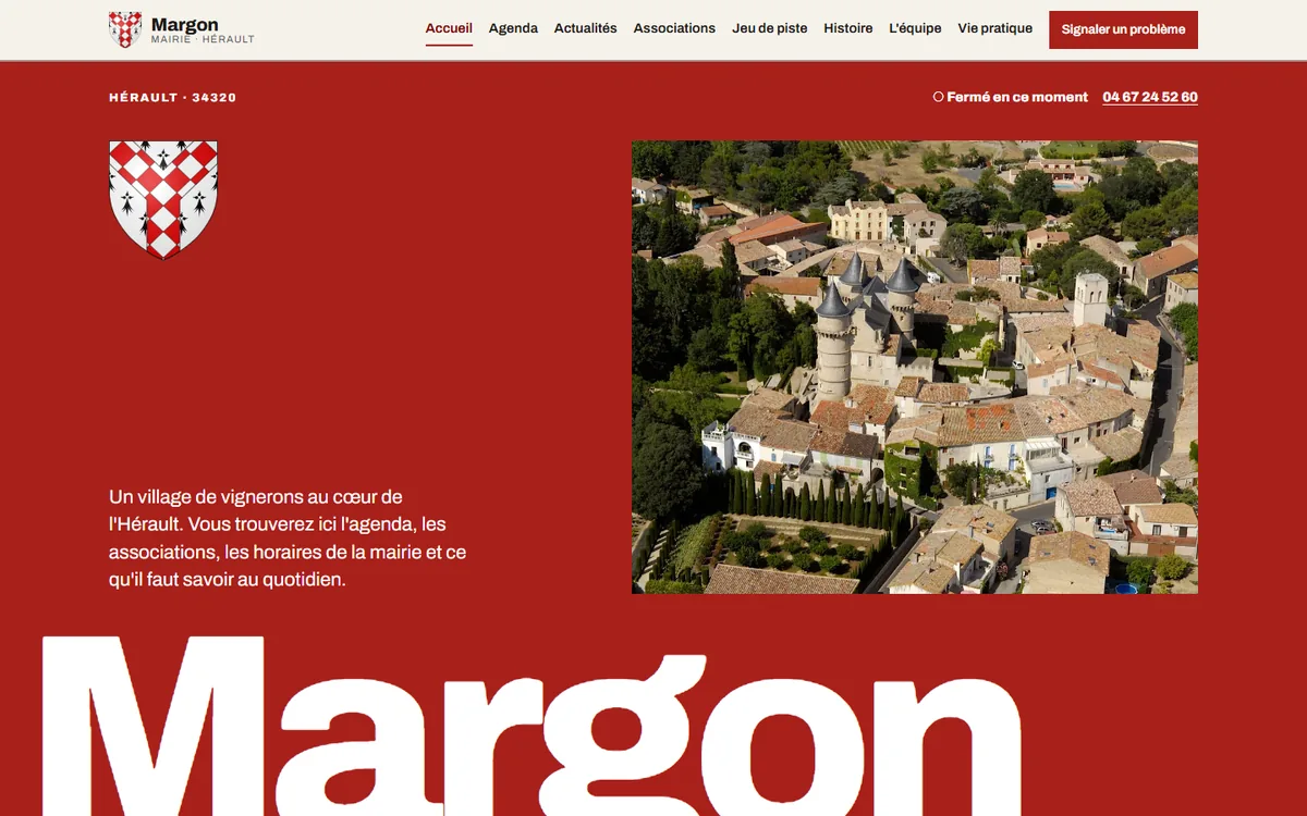 Margon home page in red: the coat of arms, an aerial photo of the village and its castle, and the name Margon in very large letters.
