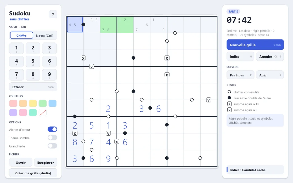 The sudoku app in light theme: a 9 by 9 grid with dots and X and V symbols, a digit pad and colours on the left, timer and rules on the right.